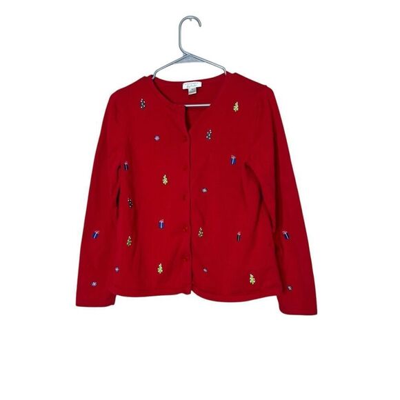 Christopher & Banks Ugly Christmas Sweater thin knit cardigan Embroidered Size M - Picture 1 of 8
